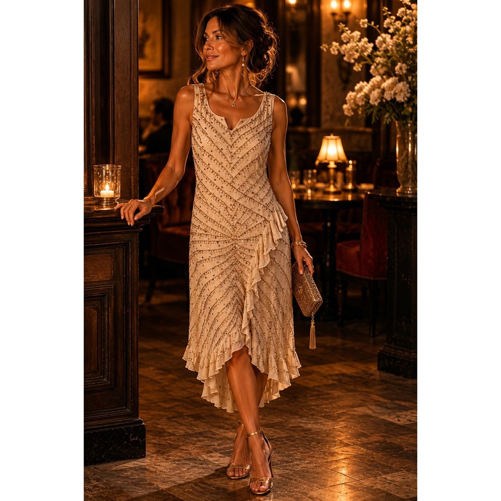 Midnight Velvet Beaded Sequin Ruffle Midi Dress Champagne Beige Size S Cocktail
